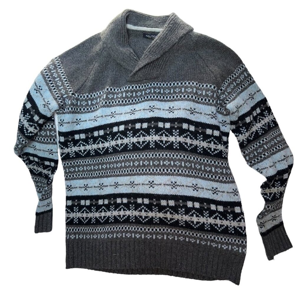 nautica blue gray Norwegian Fair Isle shawl neck ski sweater L unisex